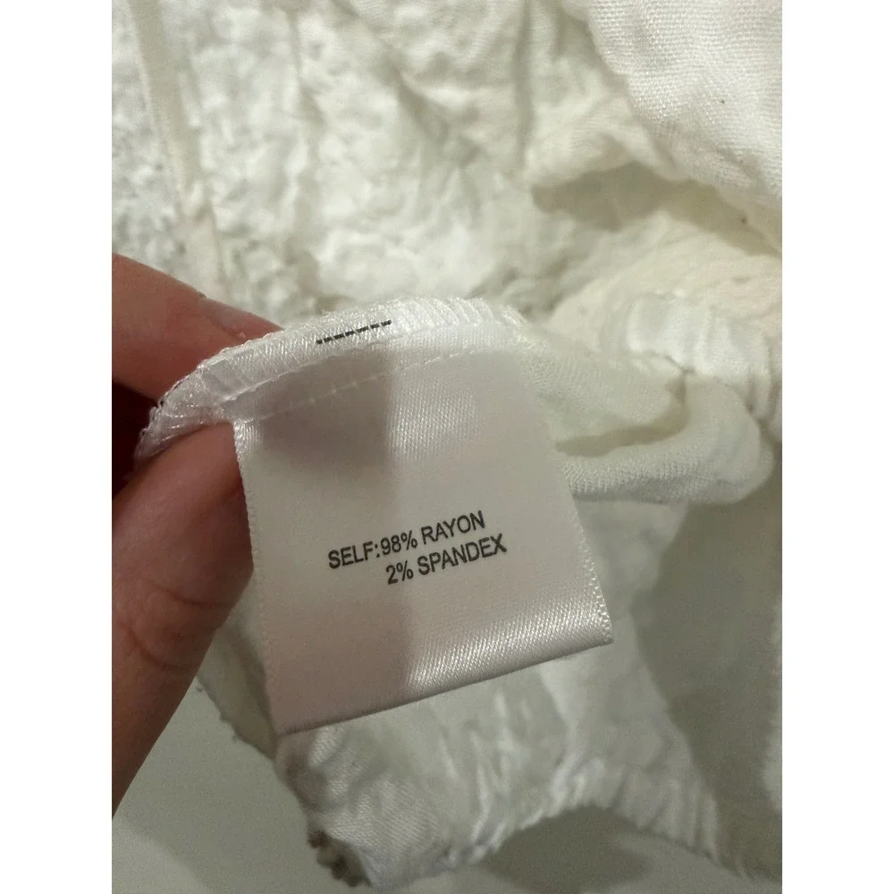 Jane + Delancey White Textured Short Sleeve Blouse‎ Tie Neck Elastic Hem Large